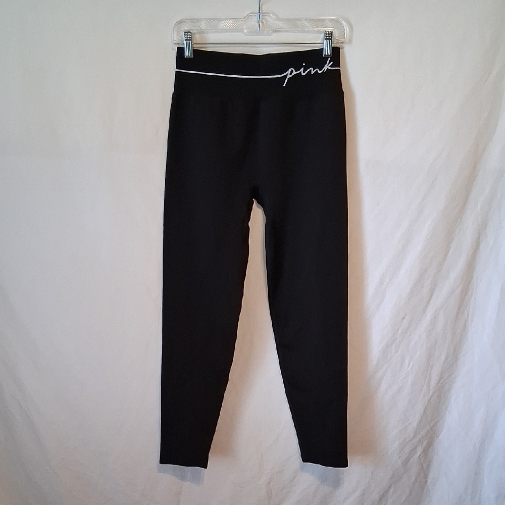 Pink Active USA Black Leggings with White Script Waistband